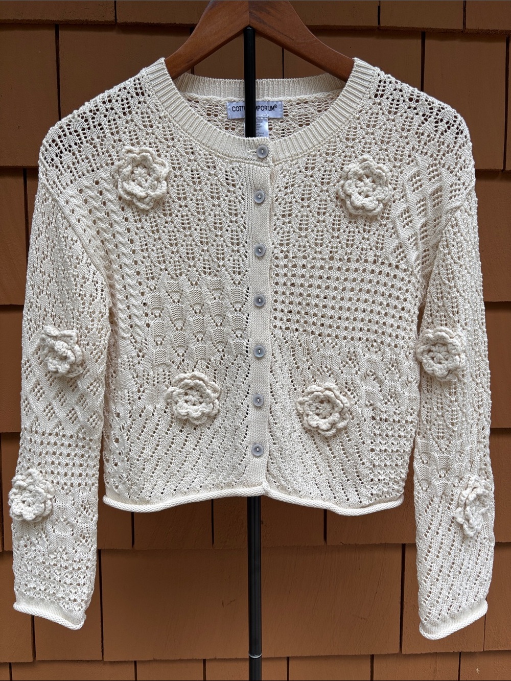 COTTON EMPORIUM | Ivory Patchwork Knit Cardigan Floral Crochet Applique | Size M